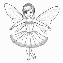 Two-dimensional, black and white cartoon-style colouring page of a dancing Down syndrome Barbie fairy on a white background.