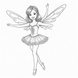 Two-dimensional, black and white cartoon-style colouring page of a dancing Down syndrome Barbie fairy on a white background.