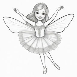 Two-dimensional, black and white cartoon-style colouring page of a dancing Down syndrome Barbie fairy on a white background.