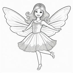 Two-dimensional, black and white cartoon-style colouring page of a dancing Down syndrome Barbie fairy on a white background.