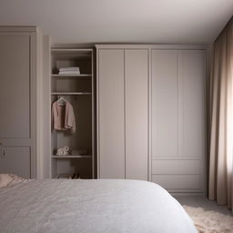 A cozy, elegantly furnished bedroom featuring a large, stylish wardrobe. The interior design incorporates harmonious colors and textures, accentuating comfort and functionality.