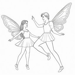 Two-dimensional, black and white cartoon-style colouring page of a Down syndrome Barbie fairy dancing with her boyfriend on a white background.