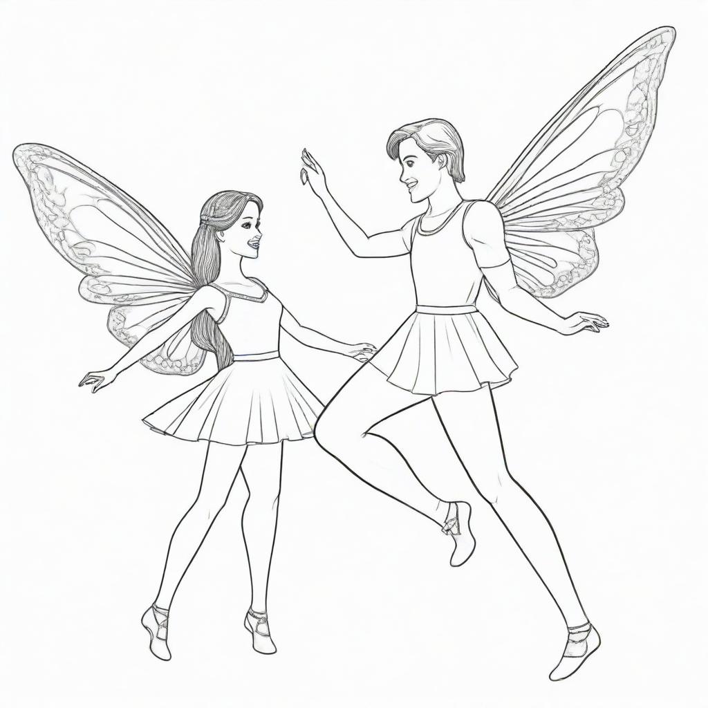 Two-dimensional, black and white cartoon-style colouring page of a Down syndrome Barbie fairy dancing with her boyfriend on a white background.