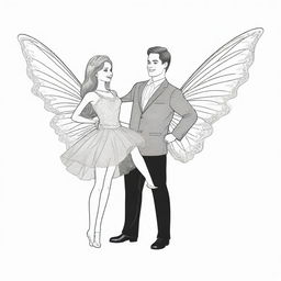 Two-dimensional, black and white cartoon-style colouring page of a Down syndrome Barbie fairy dancing with her boyfriend on a white background.