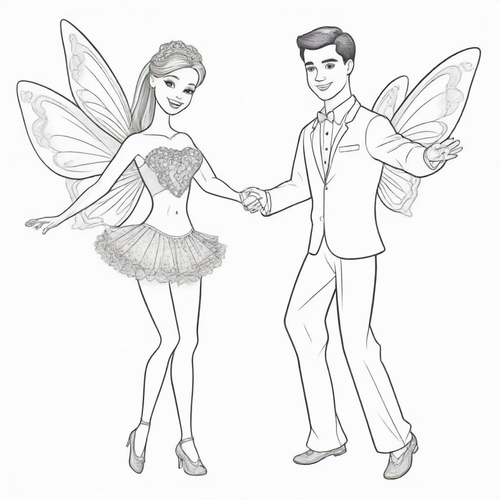 Two-dimensional, black and white cartoon-style colouring page of a Down syndrome Barbie fairy dancing with her boyfriend on a white background.