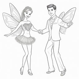 Two-dimensional, black and white cartoon-style colouring page of a Down syndrome Barbie fairy dancing with her boyfriend on a white background.