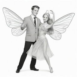 Two-dimensional, black and white cartoon-style colouring page of a Down syndrome Barbie fairy dancing with her boyfriend on a white background.