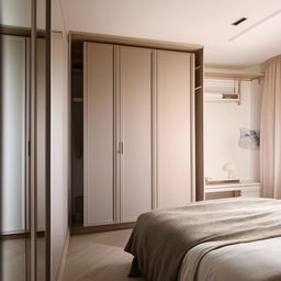 A cozy, elegantly furnished bedroom featuring a large, stylish wardrobe. The interior design incorporates harmonious colors and textures, accentuating comfort and functionality.