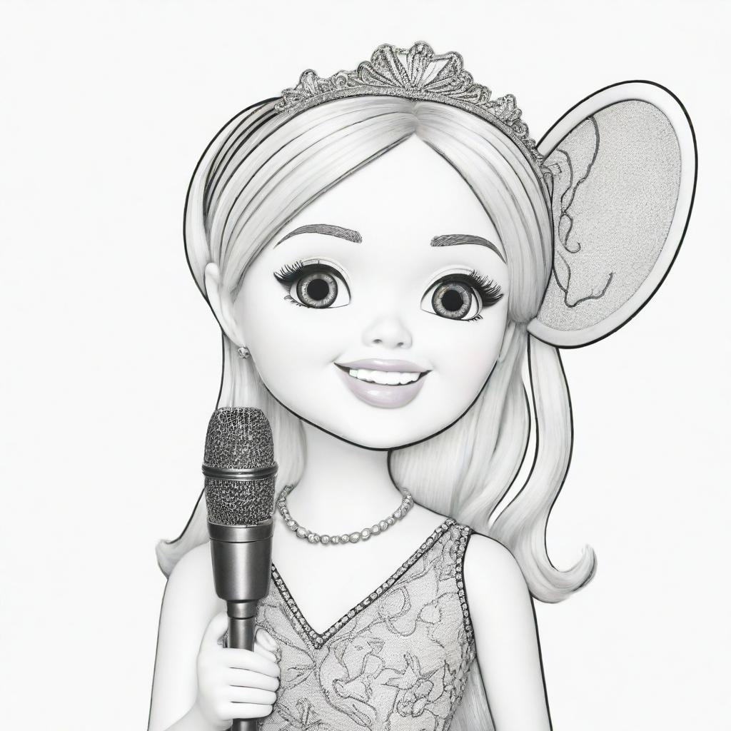 Two-dimensional, black and white cartoon-style colouring page of a Down syndrome Barbie fairy singing into a microphone on a white background.