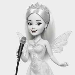 Two-dimensional, black and white cartoon-style colouring page of a Down syndrome Barbie fairy singing into a microphone on a white background.