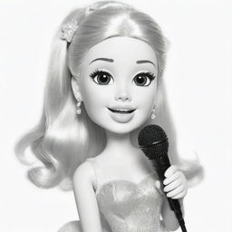 Two-dimensional, black and white cartoon-style colouring page of a Down syndrome Barbie fairy singing into a microphone on a white background.