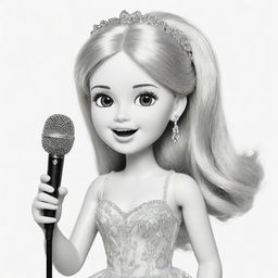 Two-dimensional, black and white cartoon-style colouring page of a Down syndrome Barbie fairy singing into a microphone on a white background.