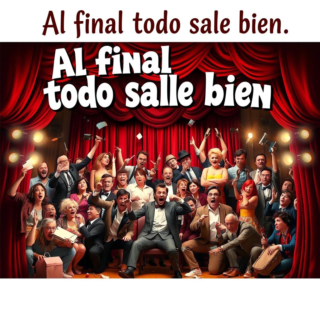 A comedic theater poster for a play titled 'Al final todo sale bien'