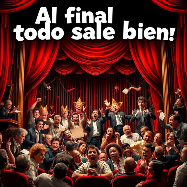 A comedic theater poster for a play titled 'Al final todo sale bien'