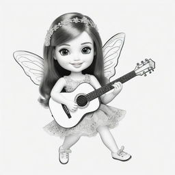 Two-dimensional, black and white cartoon-style colouring page of a Down syndrome Barbie fairy playing a guitar on a white background.