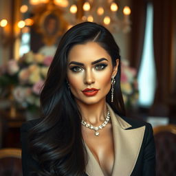 A stunning portrait of a woman resembling a glamorous and confident individual with long dark hair, radiating elegance and poise