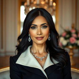 A stunning portrait of a woman resembling a glamorous and confident individual with long dark hair, radiating elegance and poise