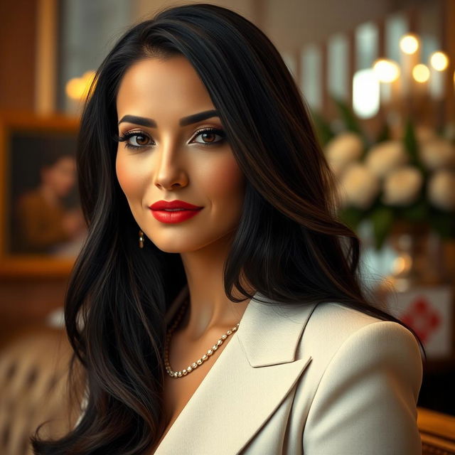 A stunning portrait of a woman resembling a glamorous and confident individual with long dark hair, radiating elegance and poise