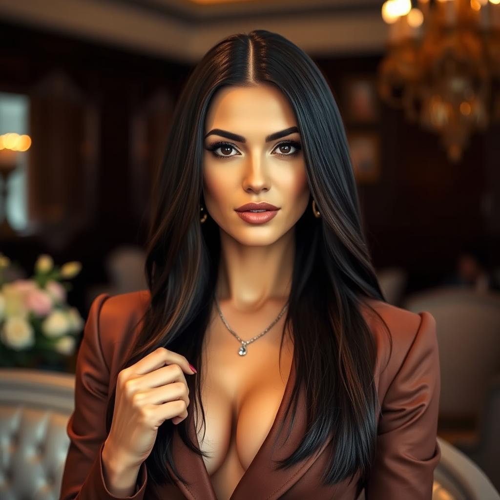 A stunning portrait of a woman resembling a glamorous and confident individual with long dark hair, radiating elegance and poise