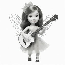 Two-dimensional, black and white cartoon-style colouring page of a Down syndrome Barbie fairy playing a guitar on a white background.