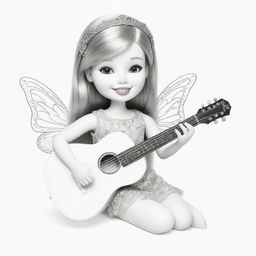 Two-dimensional, black and white cartoon-style colouring page of a Down syndrome Barbie fairy playing a guitar on a white background.