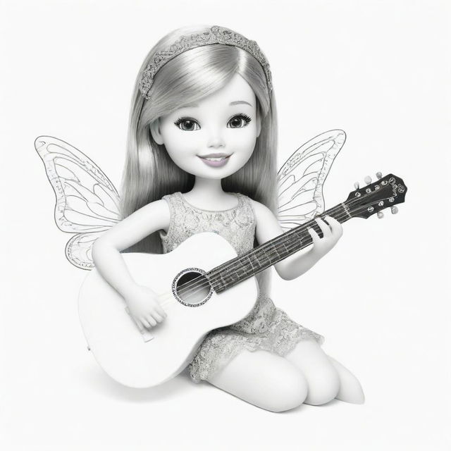 Two-dimensional, black and white cartoon-style colouring page of a Down syndrome Barbie fairy playing a guitar on a white background.