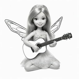 Two-dimensional, black and white cartoon-style colouring page of a Down syndrome Barbie fairy playing a guitar on a white background.