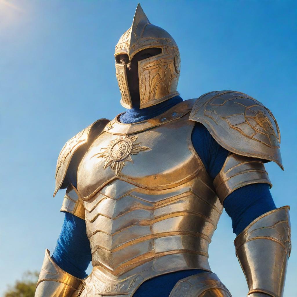 Craft a vivid image of Sun Knight, a fictional superhero bathed in a golden sunlight glow, donned in a emblematic armor, standing tall against a backdrop of bright azure sky