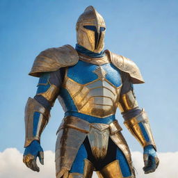 Craft a vivid image of Sun Knight, a fictional superhero bathed in a golden sunlight glow, donned in a emblematic armor, standing tall against a backdrop of bright azure sky