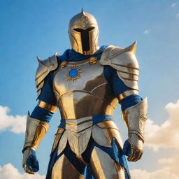 Craft a vivid image of Sun Knight, a fictional superhero bathed in a golden sunlight glow, donned in a emblematic armor, standing tall against a backdrop of bright azure sky