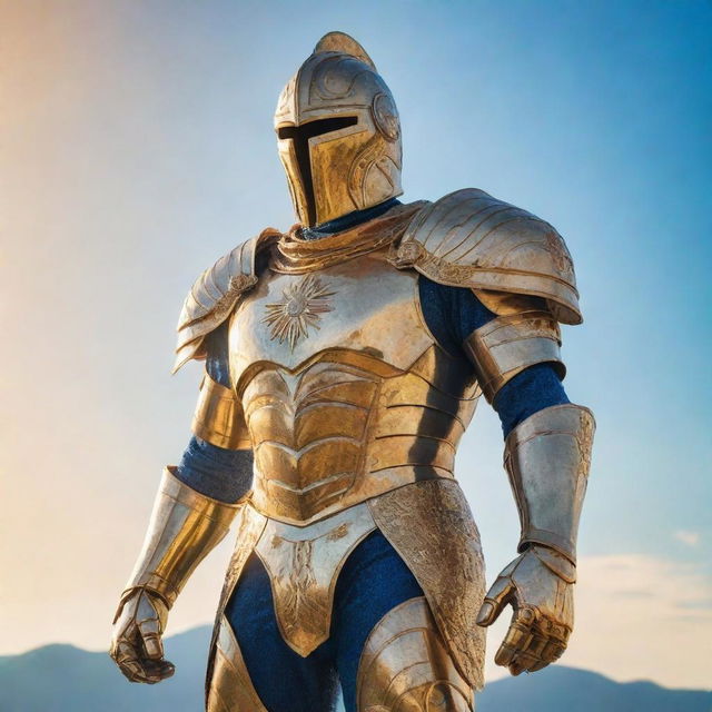 Craft a vivid image of Sun Knight, a fictional superhero bathed in a golden sunlight glow, donned in a emblematic armor, standing tall against a backdrop of bright azure sky