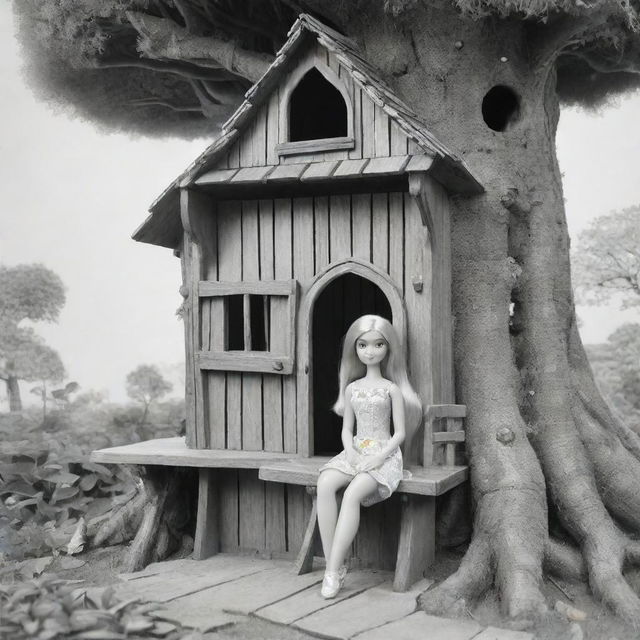 Two-dimensional, black and white cartoon-style colouring page of a Down syndrome Barbie fairy sitting in front of a treehouse on a white background.