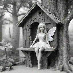 Two-dimensional, black and white cartoon-style colouring page of a Down syndrome Barbie fairy sitting in front of a treehouse on a white background.