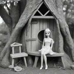 Two-dimensional, black and white cartoon-style colouring page of a Down syndrome Barbie fairy sitting in front of a treehouse on a white background.