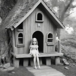 Two-dimensional, black and white cartoon-style colouring page of a Down syndrome Barbie fairy sitting in front of a treehouse on a white background.