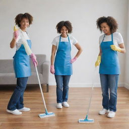 Picture of three individuals actively engaged in cleaning tasks, with cleaning products and tools in hand.