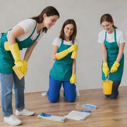 Picture of three individuals actively engaged in cleaning tasks, with cleaning products and tools in hand.