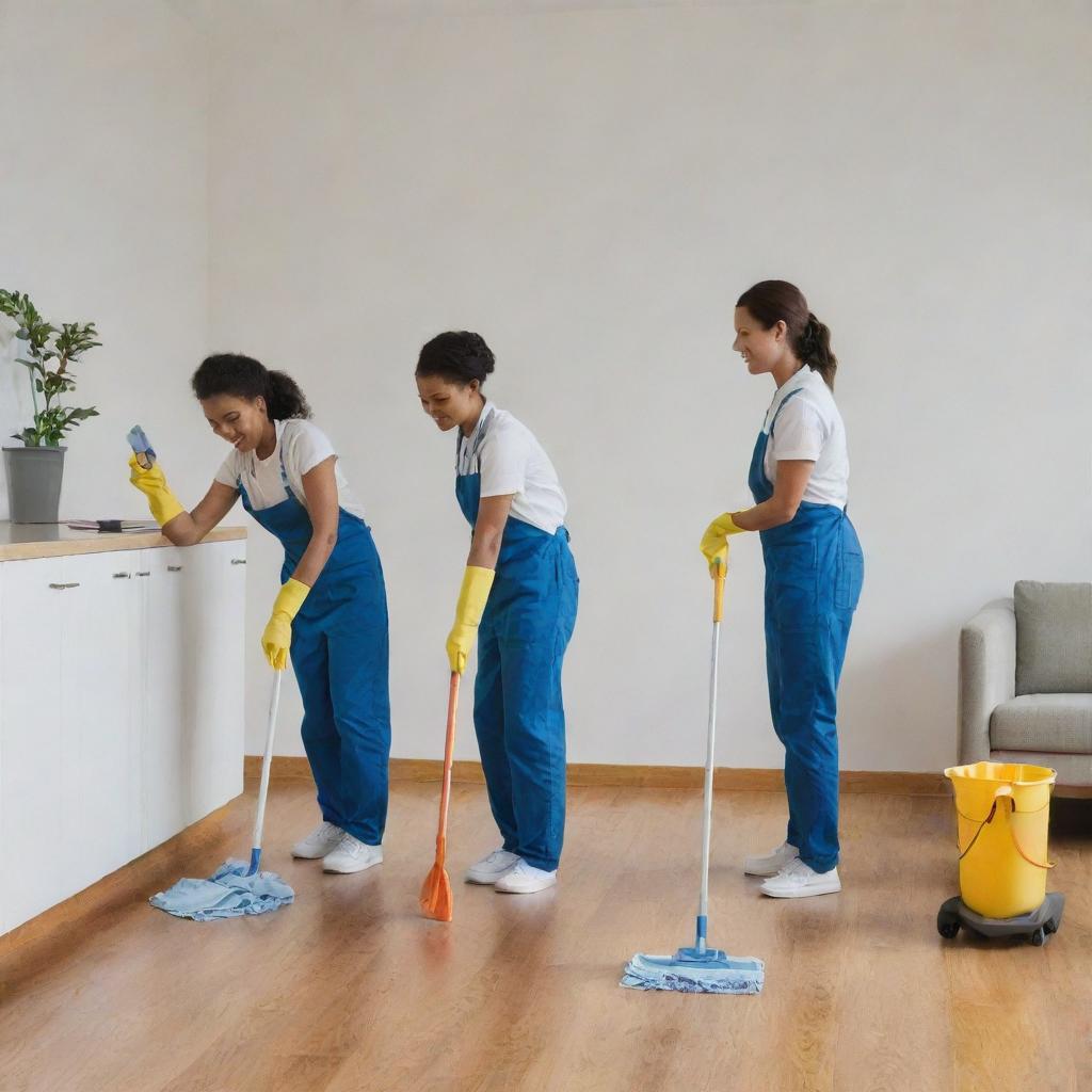 Picture of three individuals actively engaged in cleaning tasks, with cleaning products and tools in hand.