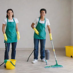 Picture of three individuals actively engaged in cleaning tasks, with cleaning products and tools in hand.