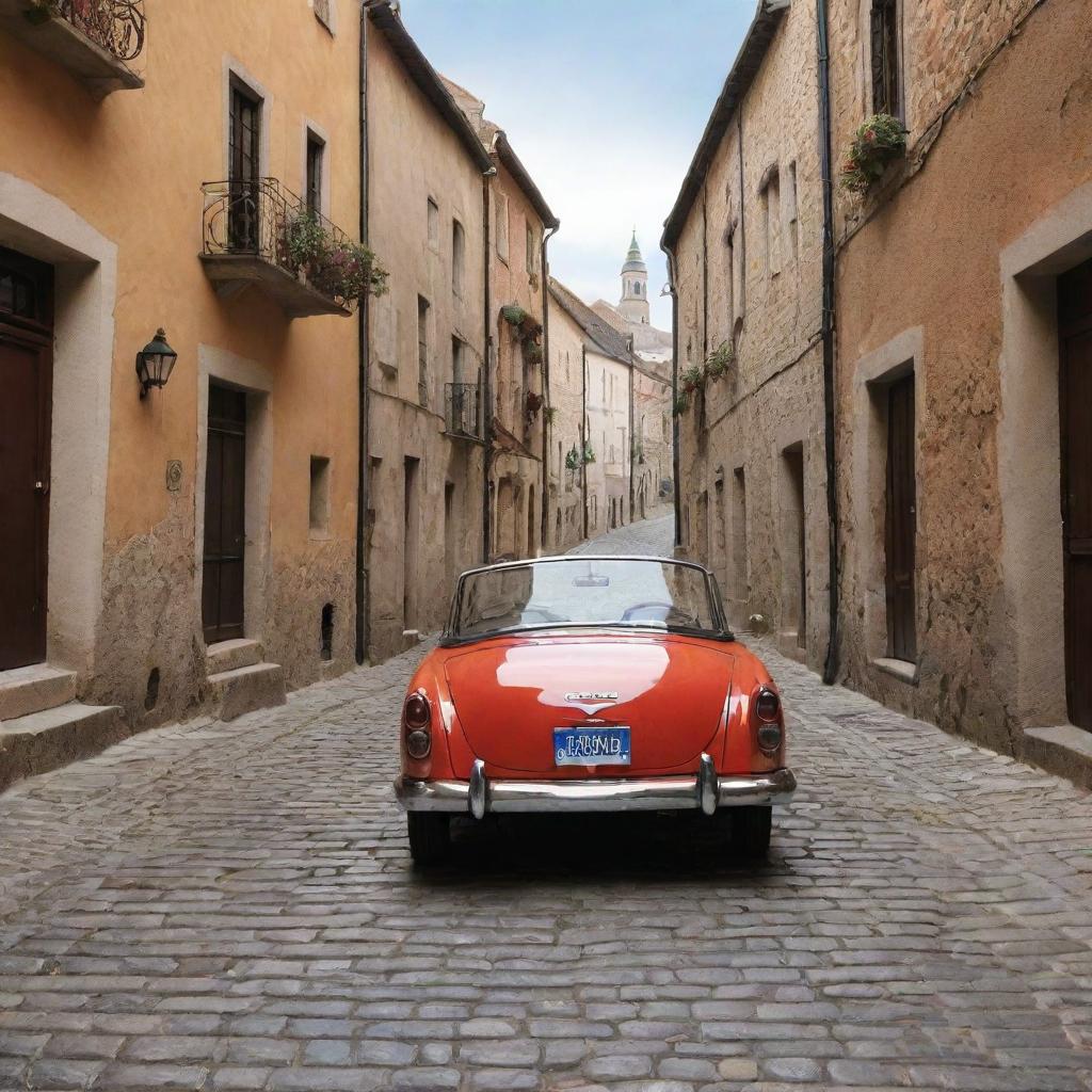 A picturesque illustration of a vintage car driving through the narrow, cobblestone streets of an old town.