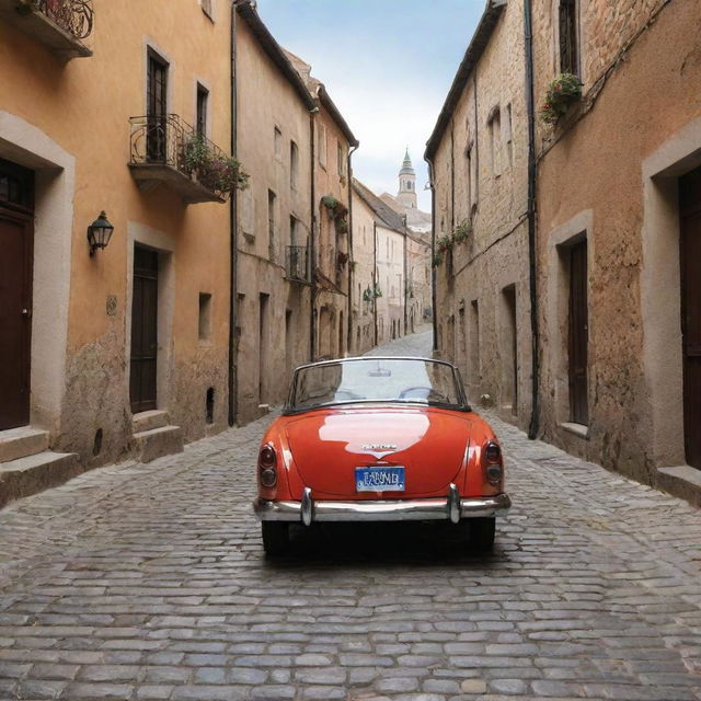 A picturesque illustration of a vintage car driving through the narrow, cobblestone streets of an old town.