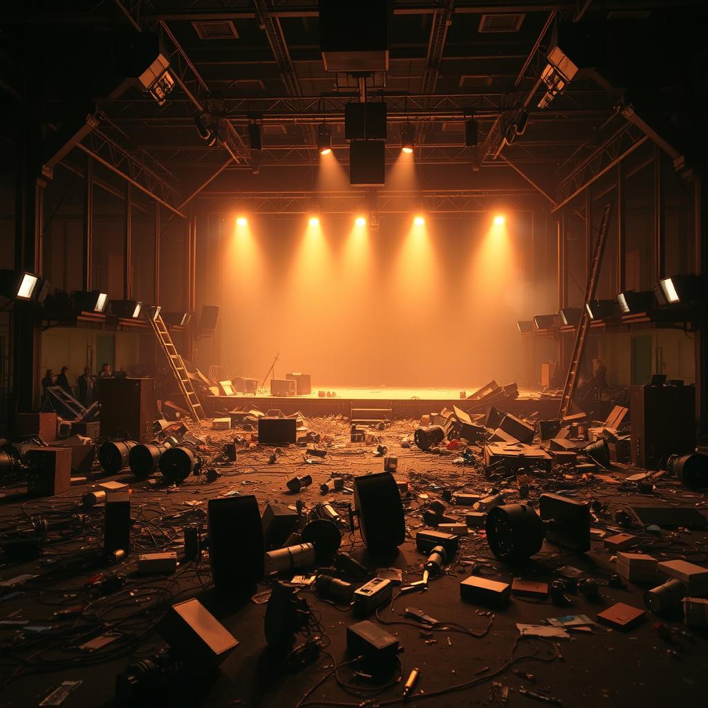 A chaotic and empty movie set titled 'Al final todo sale bien', featuring scattered stage lights on the ground, a fallen ladder, and various disorganized elements that create a sense of disorder