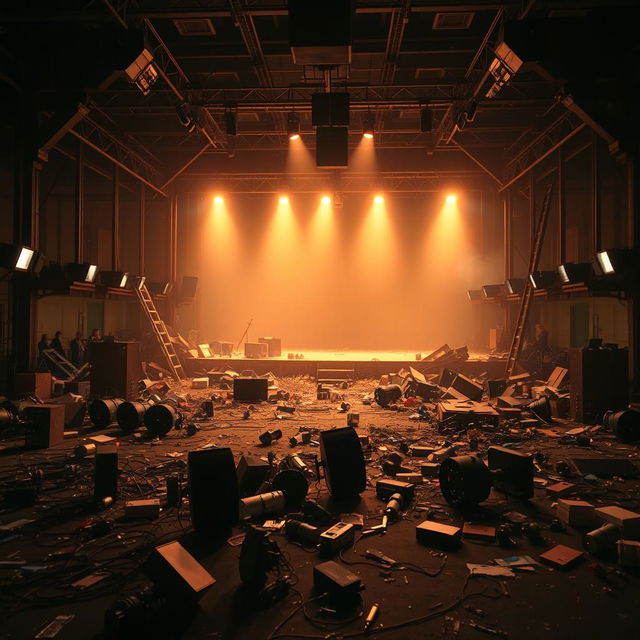 A chaotic and empty movie set titled 'Al final todo sale bien', featuring scattered stage lights on the ground, a fallen ladder, and various disorganized elements that create a sense of disorder