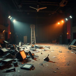 A chaotic and empty movie set titled 'Al final todo sale bien', featuring scattered stage lights on the ground, a fallen ladder, and various disorganized elements that create a sense of disorder