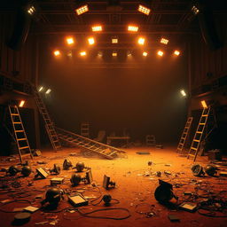A chaotic and empty movie set titled 'Al final todo sale bien', featuring scattered stage lights on the ground, a fallen ladder, and various disorganized elements that create a sense of disorder