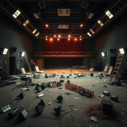 A chaotic and empty movie set titled 'Al final todo sale bien', featuring scattered stage lights on the ground, a fallen ladder, and various disorganized elements that create a sense of disorder
