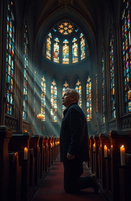 A powerful and dramatic scene depicting a person standing in awe in a grand cathedral
