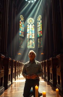 A powerful and dramatic scene depicting a person standing in awe in a grand cathedral