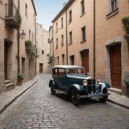 A picturesque illustration of a vintage car driving through the narrow, cobblestone streets of an old town.