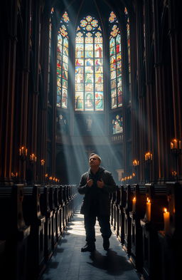 A powerful and dramatic scene depicting a person standing in awe in a grand cathedral